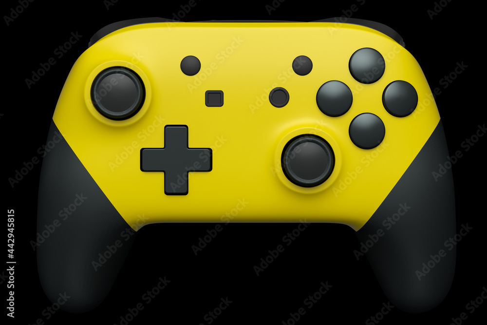 Poster realistic yellow joystick for video game controller on black background