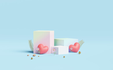 cube stage podium empty with heart,flower,ball isolated on blue pastel composition. Summer decorate concept ,abstract showcase background ,3d illustration or 3d render