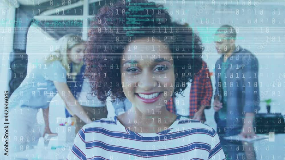 Poster animation of binary coding data processing over smiling businesswoman