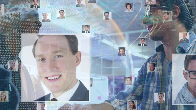 Animation of globe of connections with photos over business people handshake