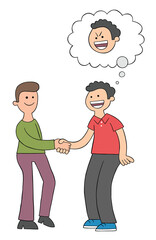 Cartoon two men shake hands and look happy but one of them is malicious, vector illustration