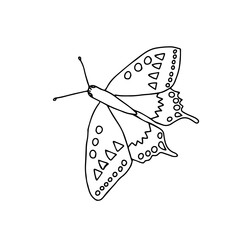 Hand-drawn black vector illustration of one Swallowtail butterfly is flying on a white background
