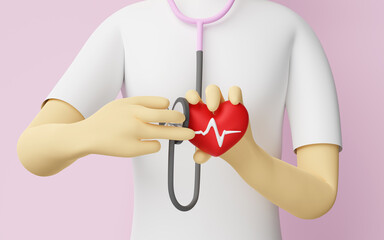 cartoon character doctor woman hands holding red heart with stethoscope and blood pressure heart rate isolated on pink background ,3d illustration or 3d render