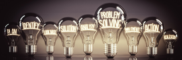 Problem solving - shining light bulbs - 3D illustration