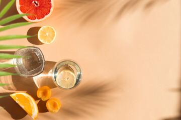 minimalist flat lay with water glass and seasonal fruits. beige summer background with palm tree...