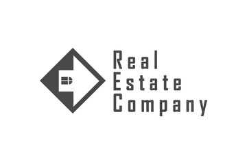 combination box with house in negative space to become letter E.  you can used this logo for real estate company.