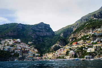 Fototapeta na wymiar Positano city view from the coast on a cloudy day, Amalfi Coast, Campania, Italy