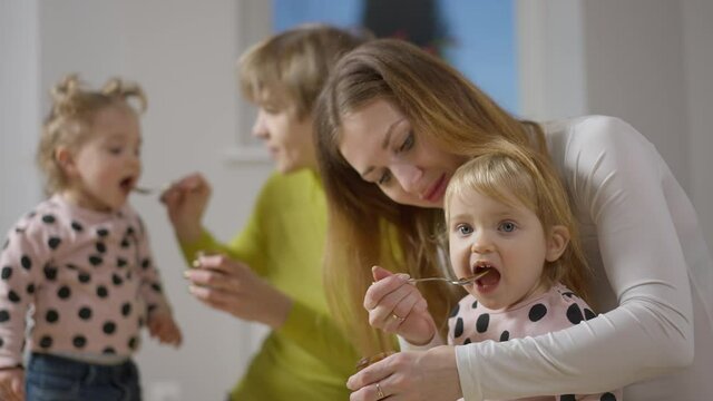 Smiling mother feeding baby daughter with blurred grandmother feeding twin sister at background. Idyllic family dinner at home indoors. Slow motion