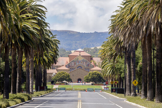 Memorial Church via Palm Drive at Stanford University, California, USA.