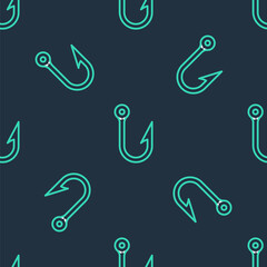 Fototapeta premium Line Fishing hook icon isolated seamless pattern on black background. Fishing tackle. Vector