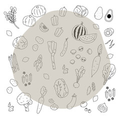 いろんな野菜の手描き線画イラストフレーム