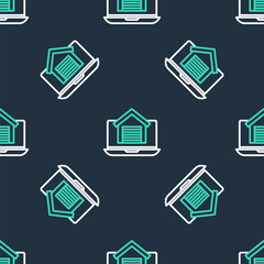 Line Online real estate house on laptop icon isolated seamless pattern on black background. Home loan concept, rent, buy, buying a property. Vector