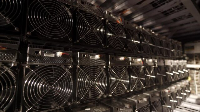 Bitcoin ASIC miners in warehouse. ASIC mining equipment on stand racks for mining cryptocurrency in steel container. Blockchain techology application specific integrated circuit units storage.