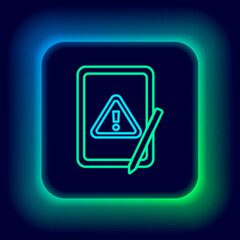 Glowing neon line Graphic tablet with exclamation mark icon isolated on black background. Alert message smartphone notification. Colorful outline concept. Vector