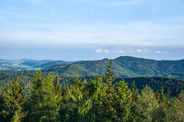 Beautiful green mountains against the sky , Sunrise high in the mountains