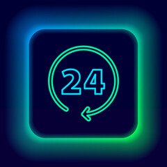 Glowing neon line Clock 24 hours icon isolated on black background. All day cyclic icon. 24 hours service symbol. Colorful outline concept. Vector