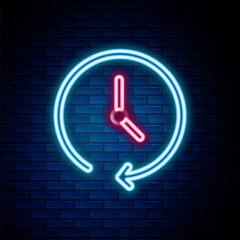 Glowing neon line Clock icon isolated on brick wall background. Time symbol. Colorful outline concept. Vector