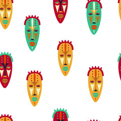 Tribal Masks Seamless Vector Pattern. African Ethnic Masks. Hand Drawn Elements. Colorful Illustration.