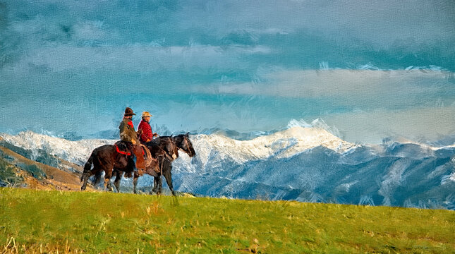 Cowboys on horseback in Montana,photo art