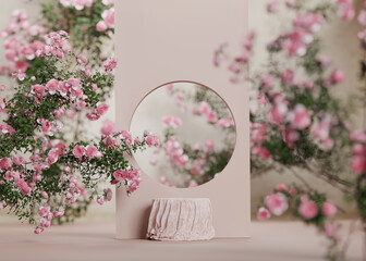 3D background pink cloth podium display. Nature rose flower blossom. Feminine summer and spring pastel pedestal showcase frame for beauty product, cosmetic promotion. Abstract garden mockup 3D render - obrazy, fototapety, plakaty