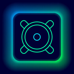 Glowing neon line Stereo speaker icon isolated on black background. Sound system speakers. Music icon. Musical column speaker bass equipment. Colorful outline concept. Vector