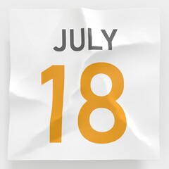 July 18 date on crumpled paper page of a calendar, 3d rendering
