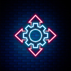 Glowing neon line Project team base icon isolated on brick wall background. Business analysis and planning, consulting, team work, project management. Colorful outline concept. Vector