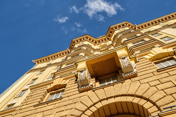 Moscow, Russia - 04.05.2021: facade of the typical soviet building in the center of Moscow