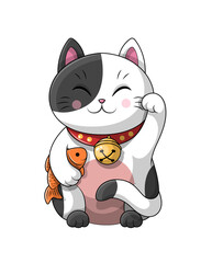 Adorable little cartoon cat holding a fish under its arm