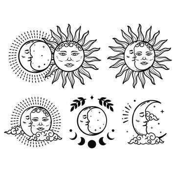 Vector illustration set of moon phases. Sun with the moon on a White background. Esoteric vector