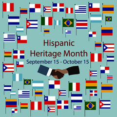 Flags of America with text inscription.  
National Hispanic Heritage Month. September 15 to October 15.  
Cultural and ethnic diversity. 