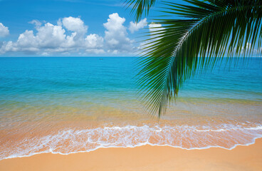 Bright day on a tropical beach Palm trees and paradise of the sea
