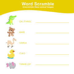 Spelling Word Scramble Game Animals Edition. Worksheet for learning English. Educational activity for preschool kids. Preschool Education. Vector illustration.