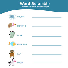Spelling Word Scramble Game Animals Edition. Worksheet for learning English. Educational activity for preschool kids. Preschool Education. Vector illustration.