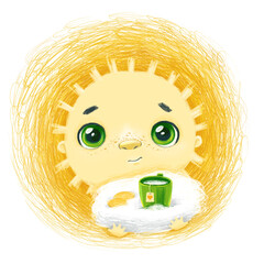 Digital illustration of sun with cloud, cup of milk, cookies on white background
