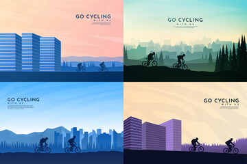 Vector illustration. Travel concept of discovering, exploring and observing nature. Cycling. Adventure tourism. Flat graphic polygonal landscape. Minimalist design for web banner, website template.