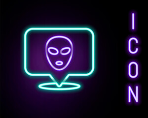 Glowing neon line Alien icon isolated on black background. Extraterrestrial alien face or head symbol. Colorful outline concept. Vector