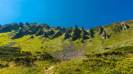 Naklejka premium Amazing mountain landscape with blue sky with white clouds, sunny summer day in Carpathians, Ukraine