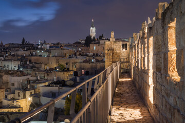 Jerusalem Old city Ramparts. Night view of ancient Jerusalem from the city wall