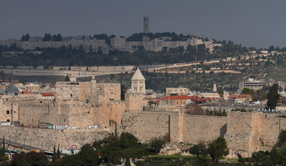 Fototapeta na wymiar Jerusalem Old City view. Stone walls and Church of the Redeemer