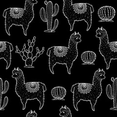Alpaca seamless pattern. Hand drawn vector illustration. Cute llamas and cactus. Alpaca, llama, cactus background.