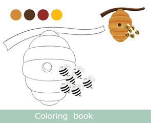 Coloring book page with cartoon bee colorful template. Cute bees colorig book.  Children comic animals. Bee isolated contour. Kids animals coloring book page. Worksheet. Apiary, bee-garden symbols
