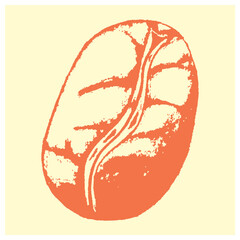 One orange coffee bean isolated on a yellow background. Sketch. Hand Drawn.