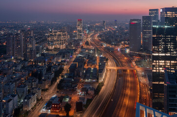 Fototapeta na wymiar Tel Aviv city night panorama above: Ayalon river