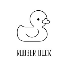 Yellow rubber duck toy, bath toy line icon. Vector illustration