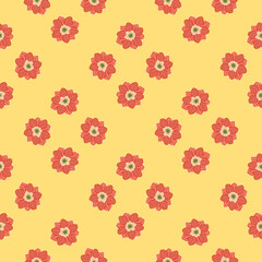 Fototapeta na wymiar Red abstract simple anemone flowers seamless doodle pattern. Light yellow background. Ornate floral print.