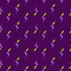Little green ear of wheat silhouettes seamless pattern. Purple bright background. Flat backdrop.