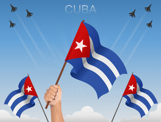Cuba flags fluttering under the blue sky