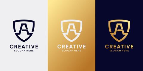 Creative shield logo design initial letter A with line art style. Logo icon for business company