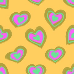 Purple hearts on a yellow background. Love symbol. Seamless pattern. Pattern for valentine's day, birthday, holidays, fabric, textile, packaging, clothing.